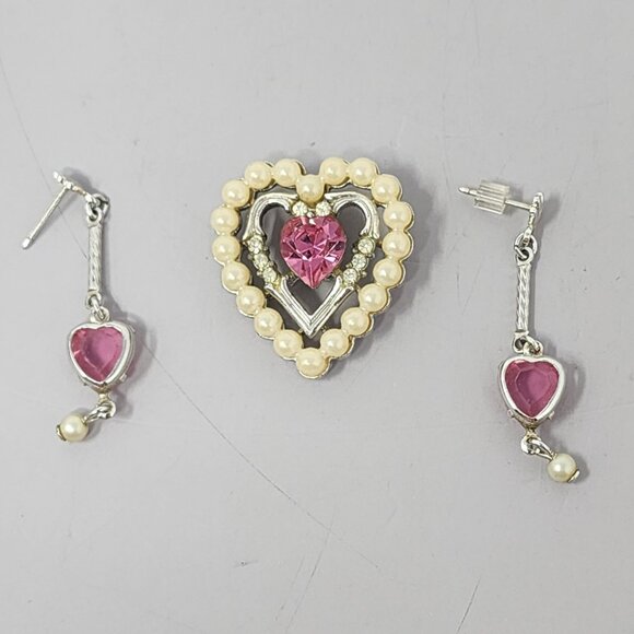 Heart-Shaped Avon Pendant & Earrings Set With Faux Pearls & Pink Gems - Picture 1 of 4